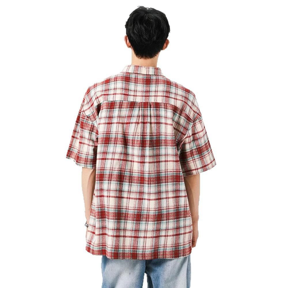 Camisa casual de verano para hombre, de manga corta, suelta, con solapa, a cuadros