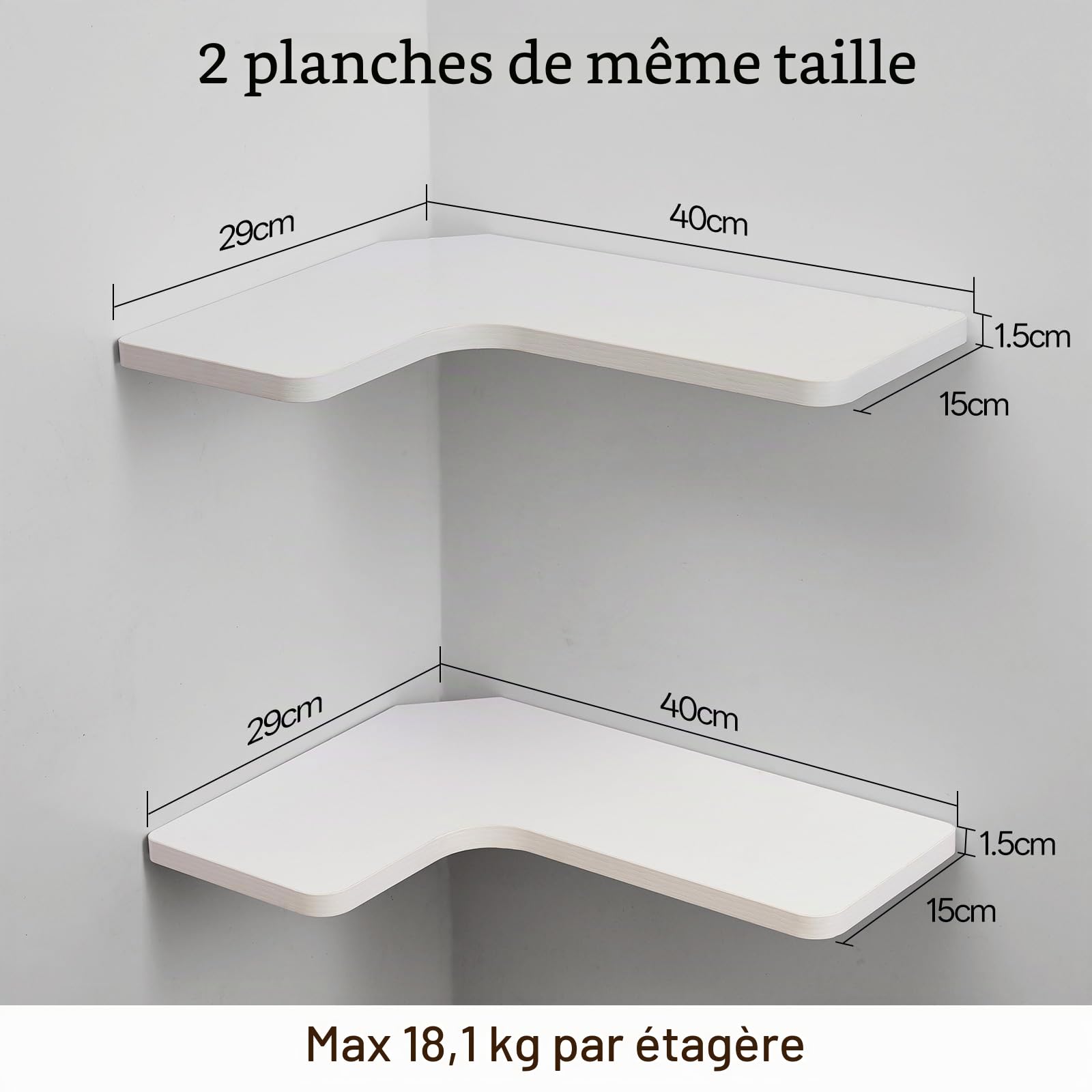Gieanoo Étagère d'angle murale, Lot de 2 étagères murales flottantes de 40 cm pour rangement, Étagères murales d'exposition de forme L moderne pour salle de bain, chambre, cuisine, salon (Blanc)