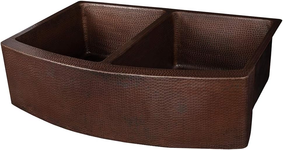 Premier Copper Products KA50RDB33249 33-Inch Hammered Copper Kitchen Rounded Apron 50/50 Double Basin Sink…