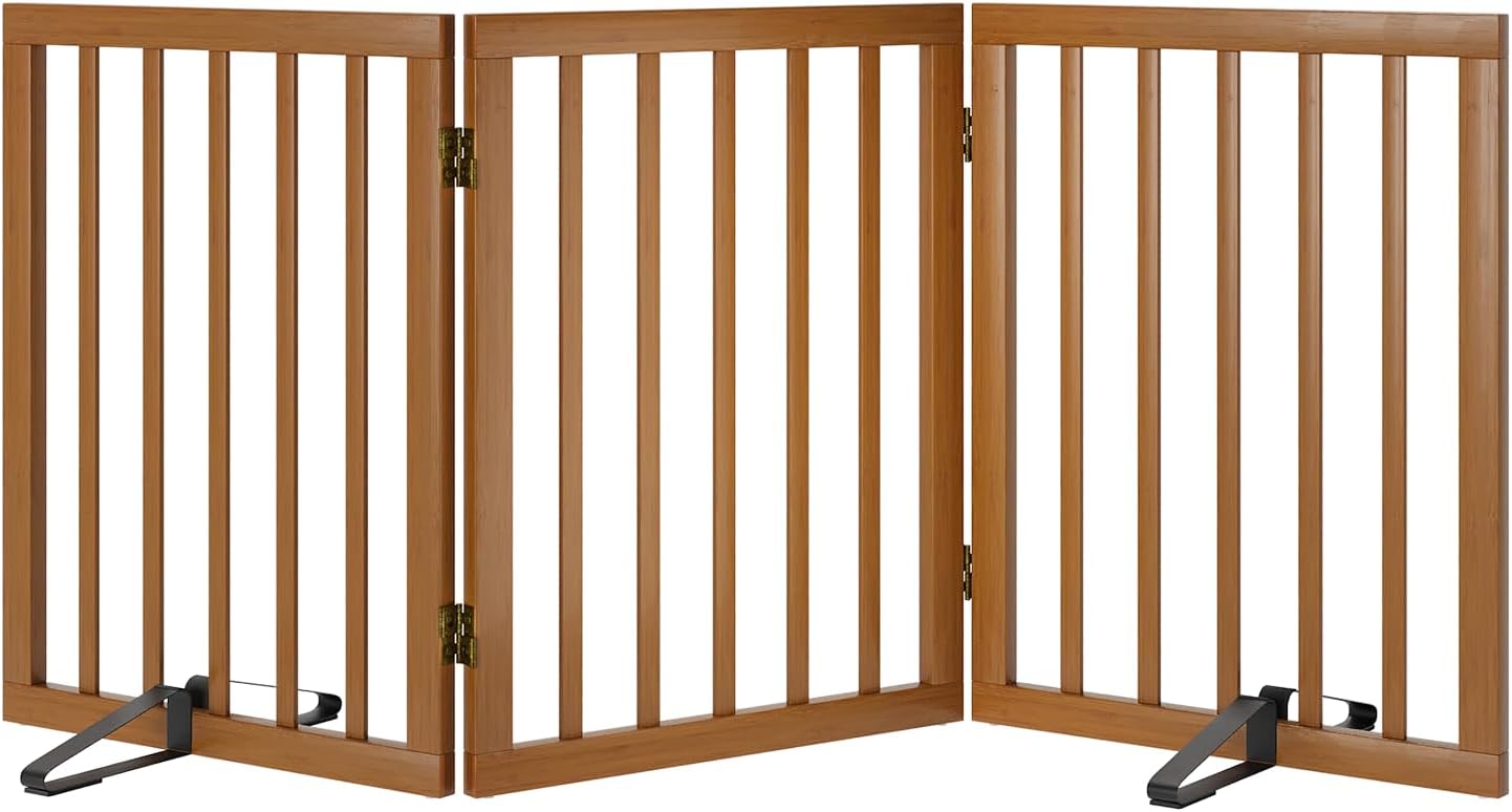 Freestanding Pet Gate Foldable Dog Gate (55 inches Wide) Walnut Bamboo Dog Gates for Stairs Doorways House (2 Support Feet Included) Walnut 3 Panel - 55 inches Wide