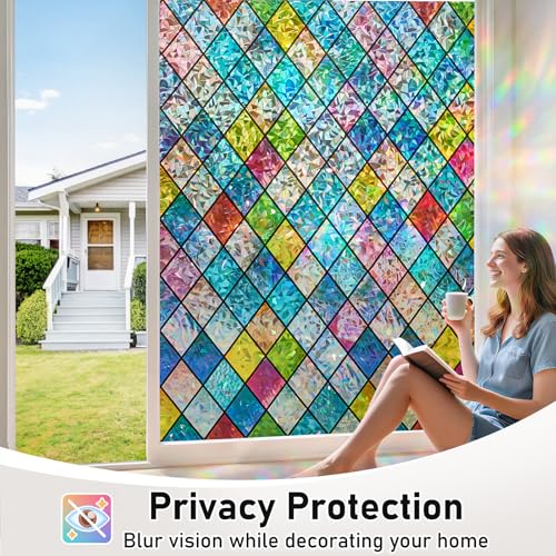 Sunbaby Window Privacy Film Stained Glass, Static Cling Decorative Rainbow Window Cling, Lattice Coverings Decals for Home Door, Non-Adhesive Window Stickers Anti-UV & Heat Control (17.5"x78.7")
