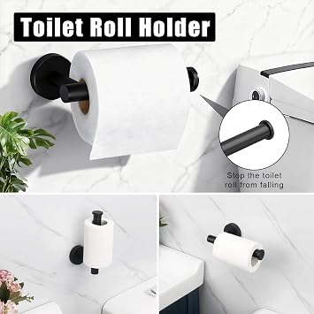 5 Pcs Matte Black Bathroom Accessories Set, Stainless Steel Wall Mounted Bathroom Hardware Set Includes Towel Rail, Toilet Paper Holder, Towel Ring and Robe Hooks, Rustproof Waterproof Easy to Install