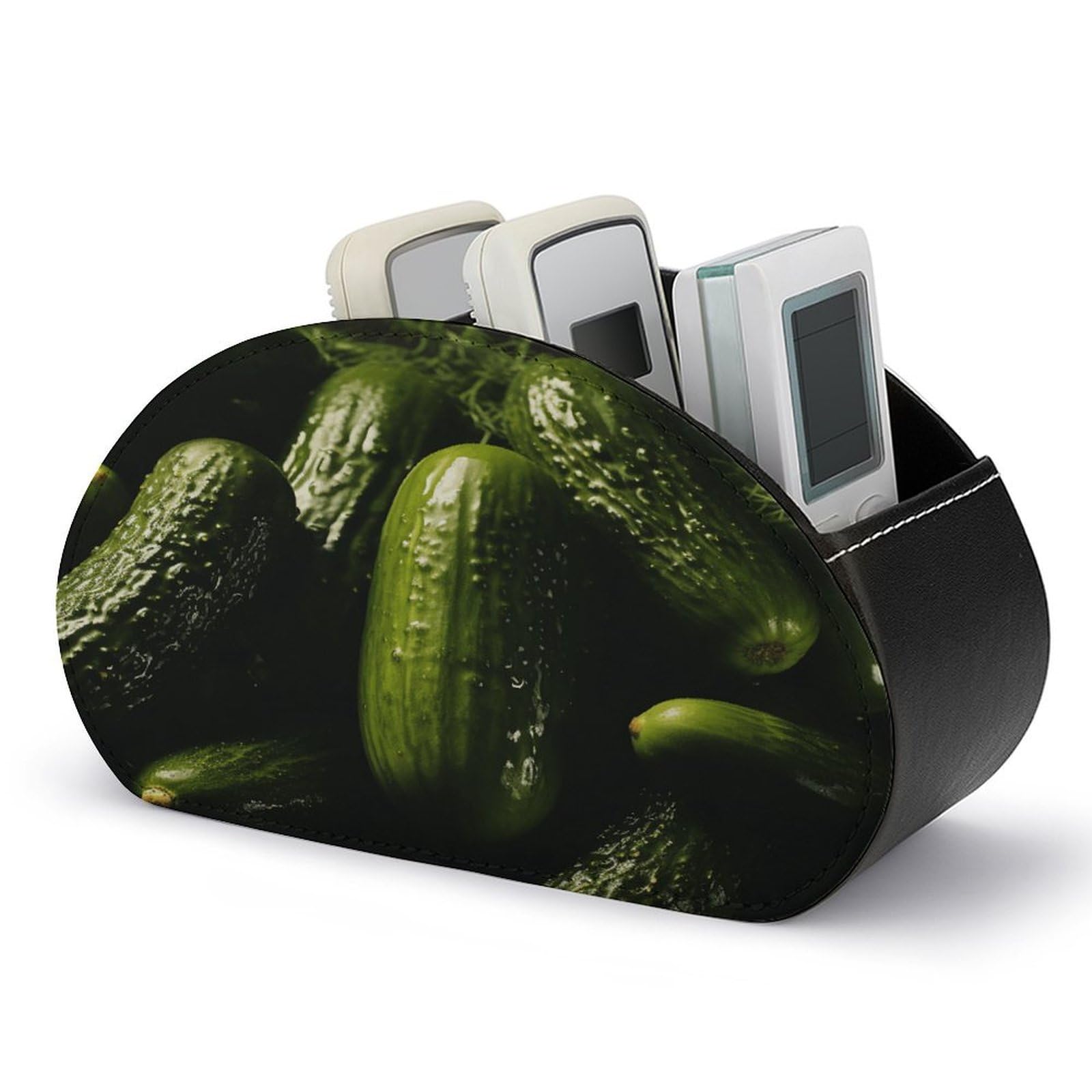VstaDank Pickle Remote Control Holder Farmhouse TV Media Remote Storage Box with 5 Compartments PU Leather Remote Caddy Desktop Organizer for Home Bedside Table Organizer
