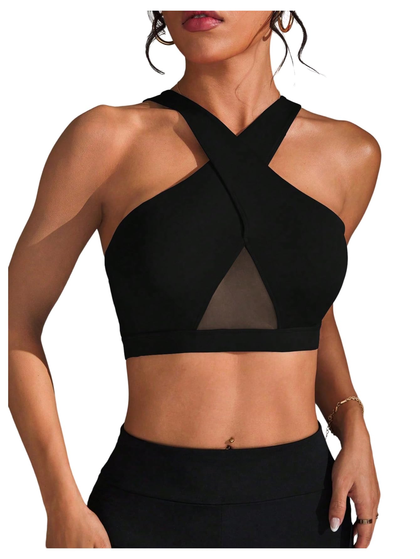 sweatyrocks Women's Criss Cross Mesh Sport Bra Racerback Workout Yoga Crop Tank Top-picture-38