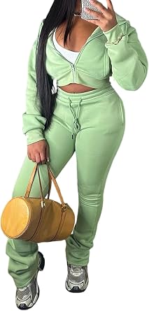 Womens 2 Piece Sweatsuit Fleece Crop Hoodie Stacked Jogger Set | Fall Two Piece Tracksuit Long Sleeve Hoodies Jogging Pants Activewear for Workout Travel Comfy Lounge Sets