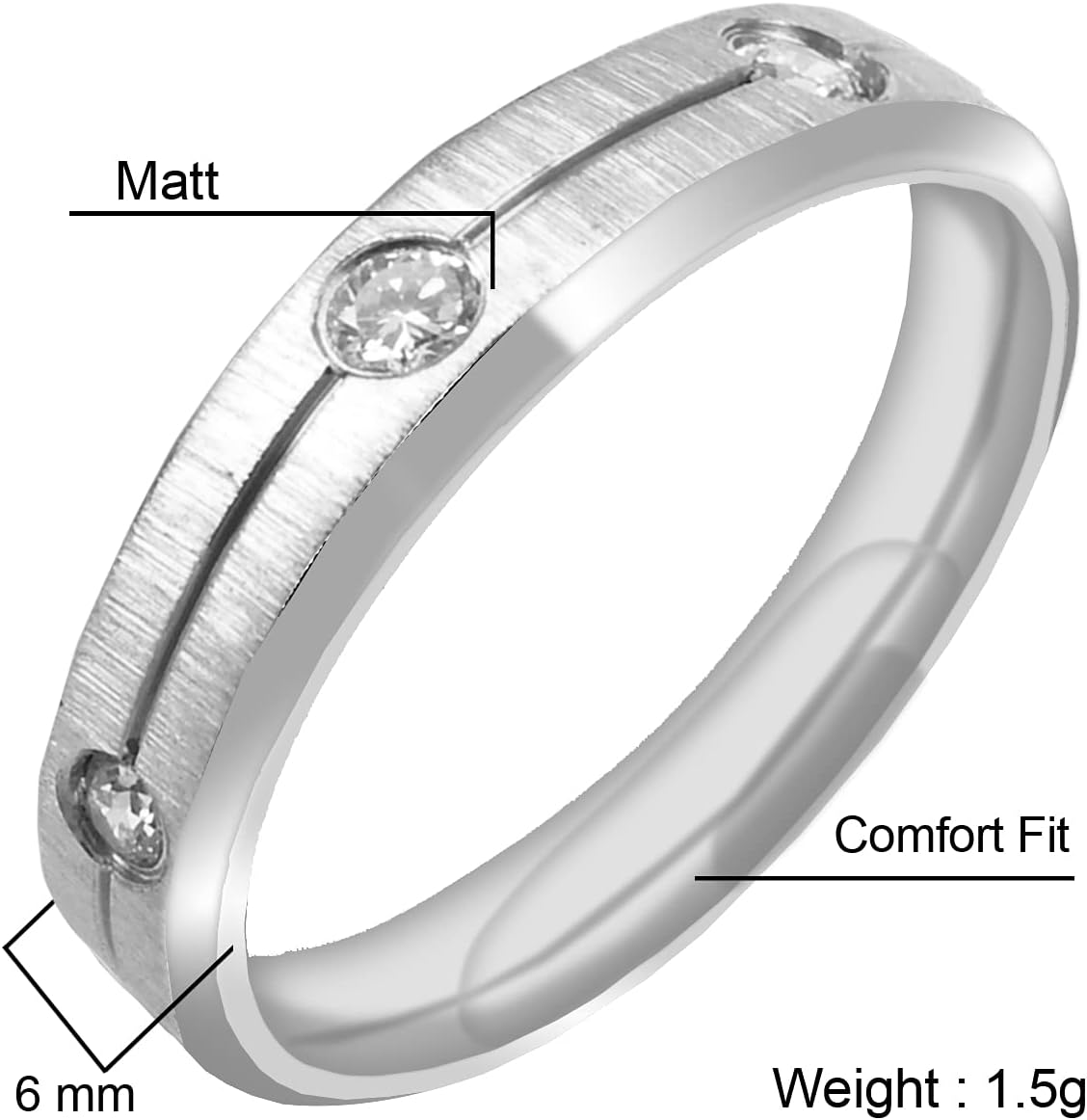 Everstone Matte & Brushed Flat Beveled Edge CZ Diamonds Male Female Men Women His Her Groom Bride Promise Ring Wedding Bands Titanium Ring Color Platinum 6MM 4MM