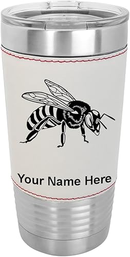 Miniatura 9 de LaserGram Vaso aislado al vacío de 20 onzas abeja miel grabado personalizado incluido piel sintética gris