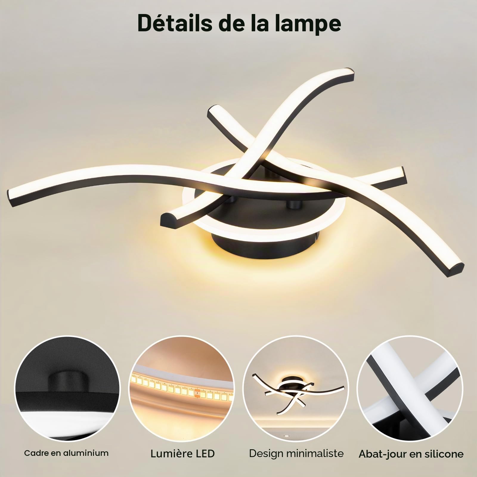 Plafonnier LED Moderne 21W, 3000K/4500K/6500K Lampe Plafond 2100lm CRI≥80, Luminaire Plafonnier pour Salon, Chambre, Bureau, Cuisine et Couloir avec Fonction Mémoire Noir