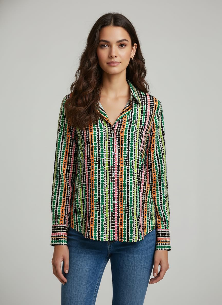 ANNI Designer Bedrucktes Damenhemd aus Baumwollmischgewebe, langärmelig, normale Passform, Hemdkragen, legere Bürokleidung, elegante Western-Kleidung für den Alltag, Hochzeit, Party