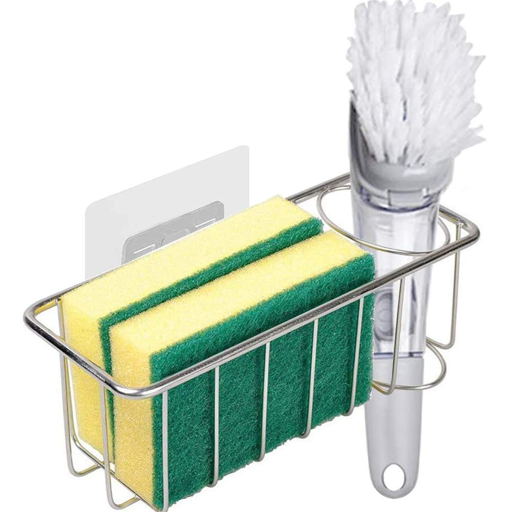 Sink Organizer Adhesive Sponge Holder with Brush Holder 2-in-1 Sink Caddy for Kitchen SUS304 Stainless Steel Rustproof Waterproof