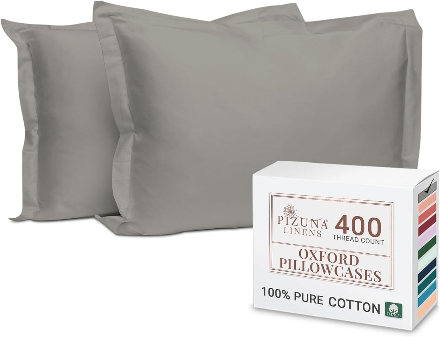 Pizuna 100% Cotton King Pillow Cases 2 Pack Ash Grey 50x90cm, 400 Thread Count Long Staple Combed Cotton Pillowcases, Luxurious Soft Sateen King Size Pillow Cases (100% Cotton Pillowcase Pack of 2)