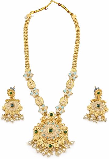 Green View Antic Collection Gold Plated Floral Pendant Necklace Set for Women | Pearl Drop &amp; Green Stone Designer Jewelry ...