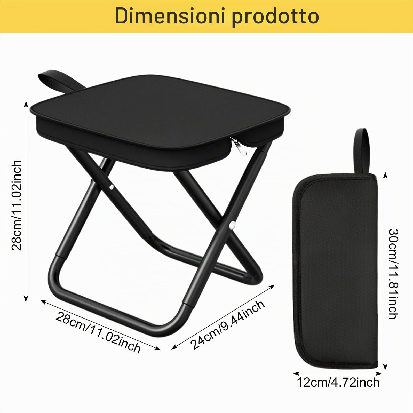 Sgabello Pieghevole per Esterni Portatile, Sgabello Pieghevole in Acciaio al Carbonio Resistente, Piccola Sedia da Pesca Alta Capacità di Carico, per Campeggio Pesca Picnic Viaggi Escursioni (Nero)