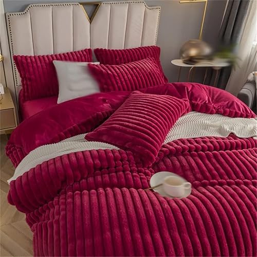 Miniatura 2 de HARUE Red Super Soft Velvet Vertical Duvet Cover Set Double King Bed 4pcs Plush Bedding Set Flat Sheet Pillow Case (Color  D, Size  200 * 230cm)