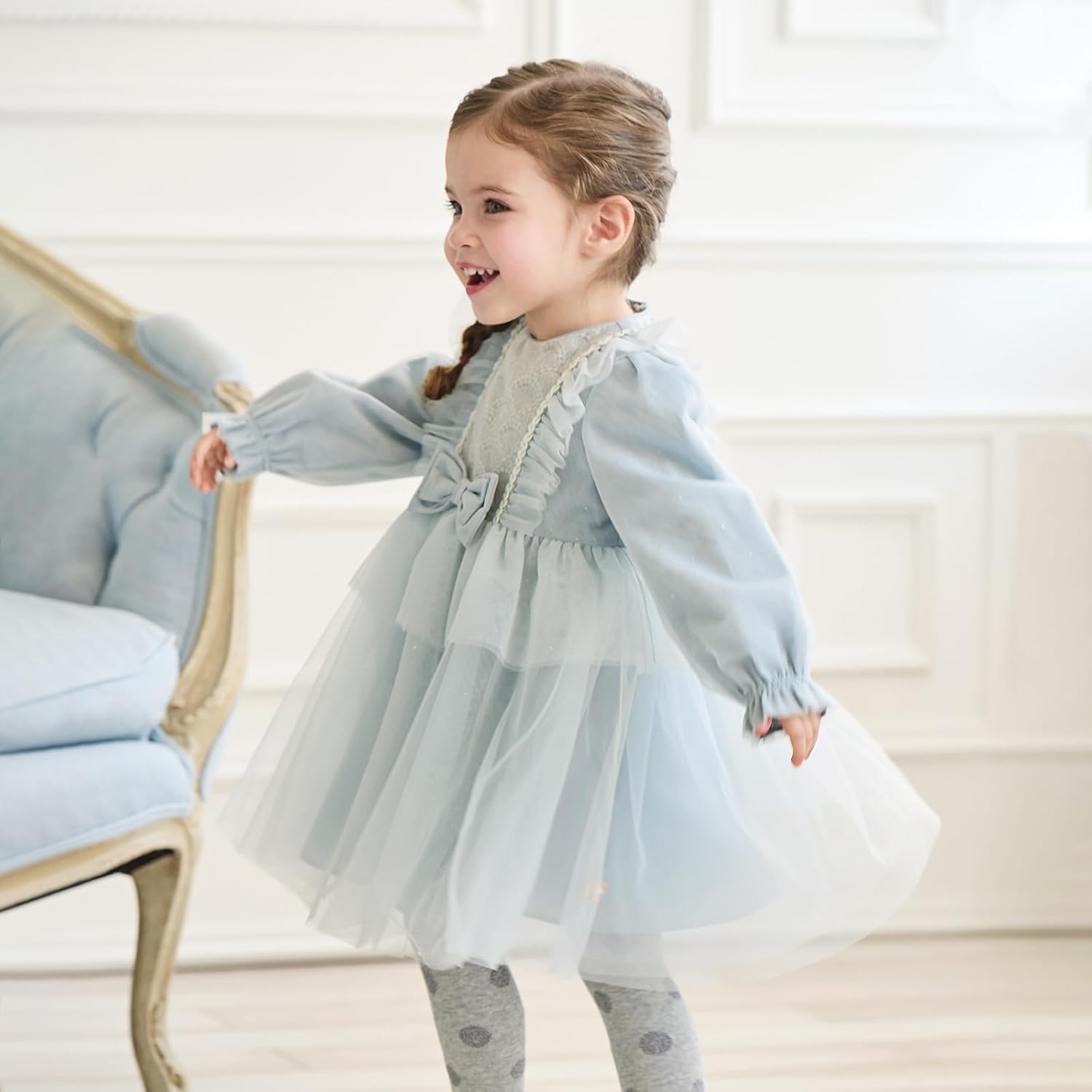 DAVE&BELLA Baby Girls Tulle Dress Long Sleeve Ruffed A-Line Princess Dress Flower Girl Embroidery Bowknot Wedding Party Dress - Image 3