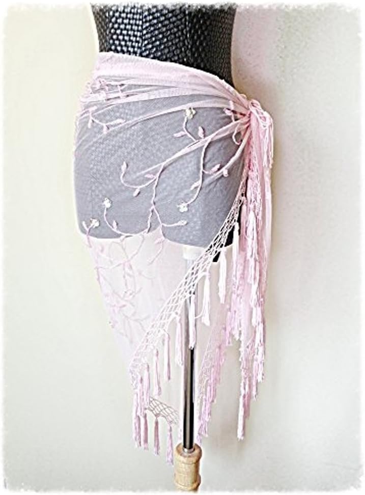 Beaded triangle soft lace shawl hip scarf wrap with beaded Tassels pink