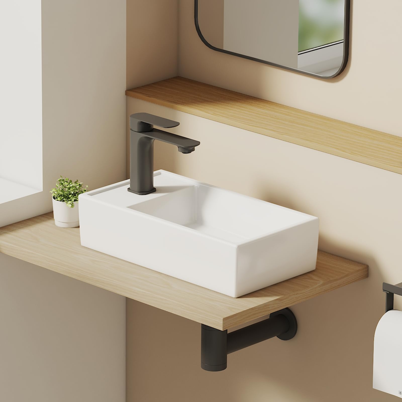 EMKE Piccolo lavandino rettangolare 41,0 x 22,0 x 10,0 cm, in ceramica, con foro per rubinetto, senza troppopieno, piccolo da appoggiare e da parete, ideale per bagno e WC degli ospiti, bianco