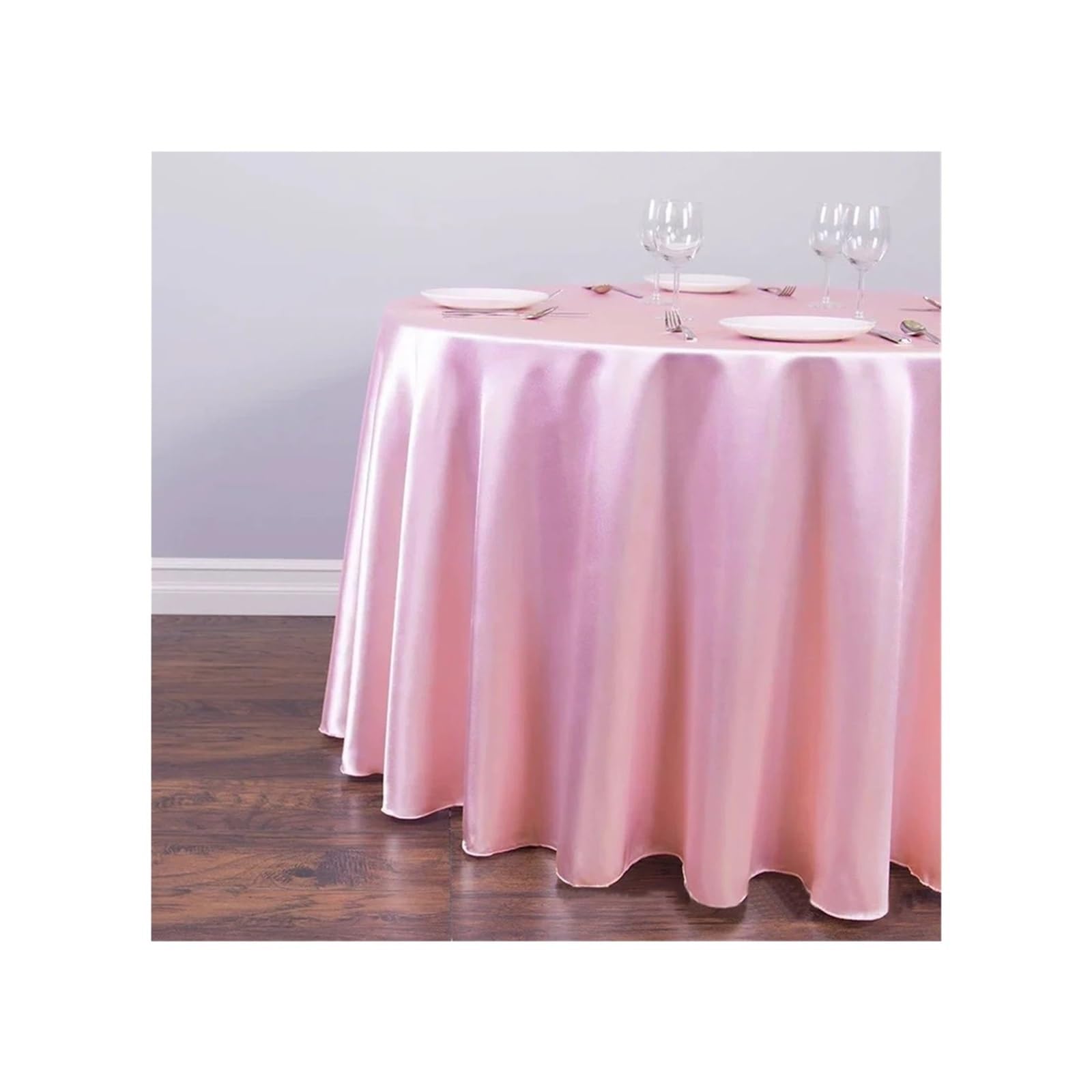 Nappe ronde de banquet rose masquant les pieds de table de mariage