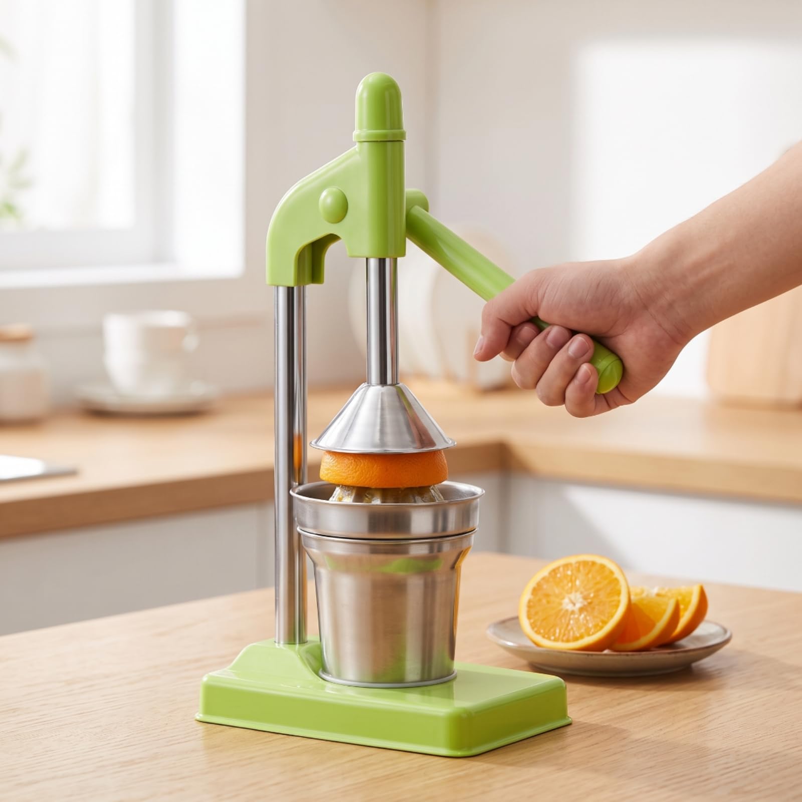 Exprimidor Manual de Jugo Extractor de Frutas de Cítricos Palanca Robusta y Copa de Jugo Cilíndrica de Acero Inoxidable 304 Fácil, Naranja