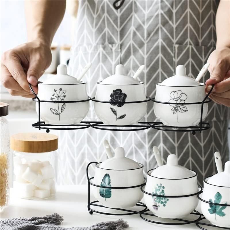 Dozownik przypraw Pojemnik na przyprawy, pudełko na przyprawy, pudełko na przyprawy Zestaw ceramicznych zbiorników na sól i pieprz Słoiki na przyprawy Słoiki na przyprawy Żelazny uchwyt Łyżka na przyp