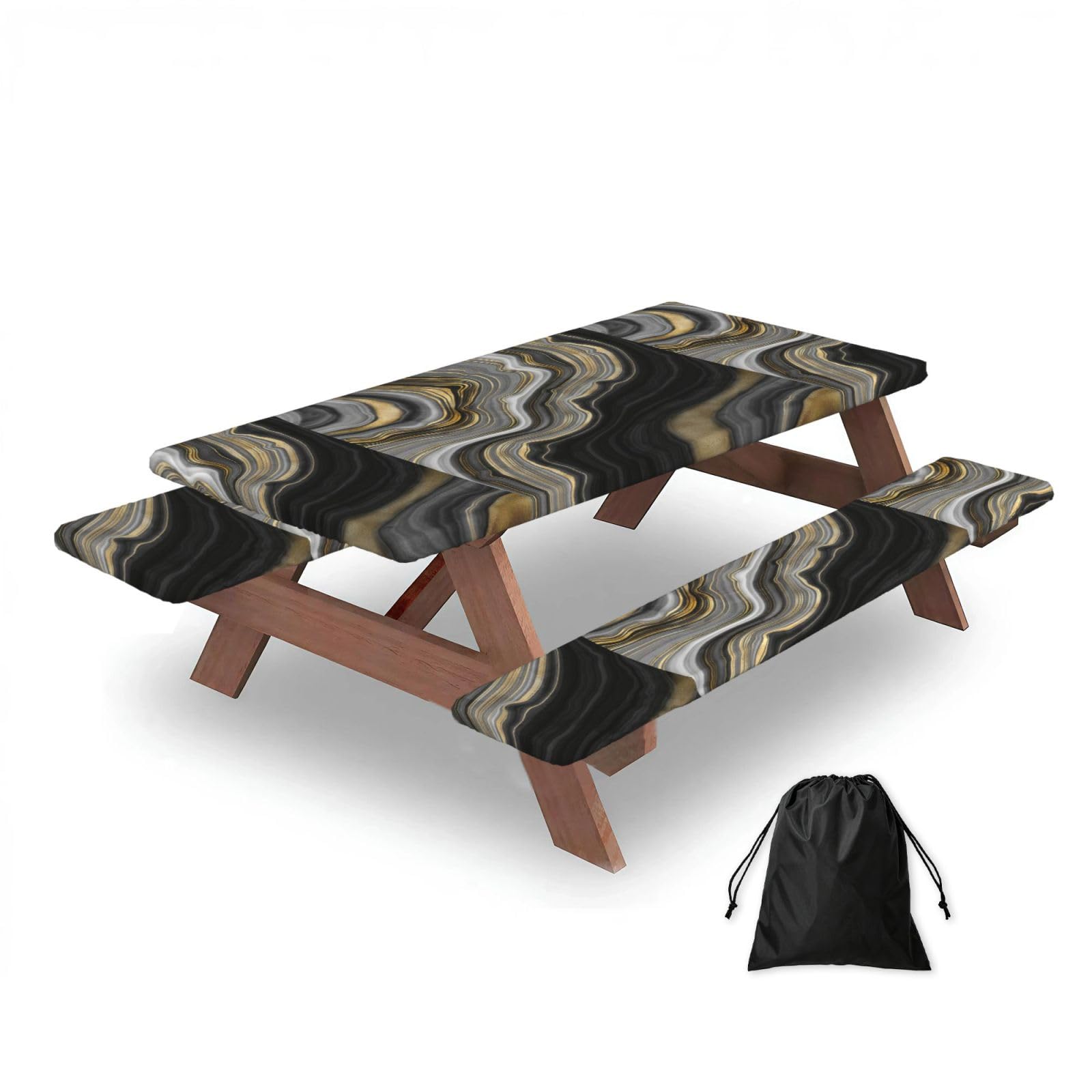Dopklna As Picture Modern Black And Gold Agate Gemstone, Picnic Table Cover With Bench Covers -Waterproof Elastic Fitted Tablecloth For Garden Camping Patio 76X152cm