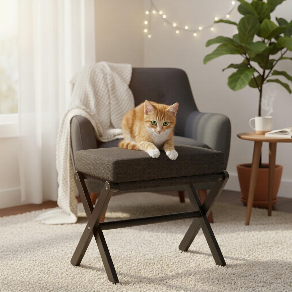 BAMBOOHOMIE Makeup Eitelkeit Hocker, Faltbarer Fußhocker mit Bambus X Beinen, Ottoman Fußstütze Stuhl für Vanity, Moderne Fußhocker klein gepolstert für Wohnzimmer (Schwarz - Schwarz)