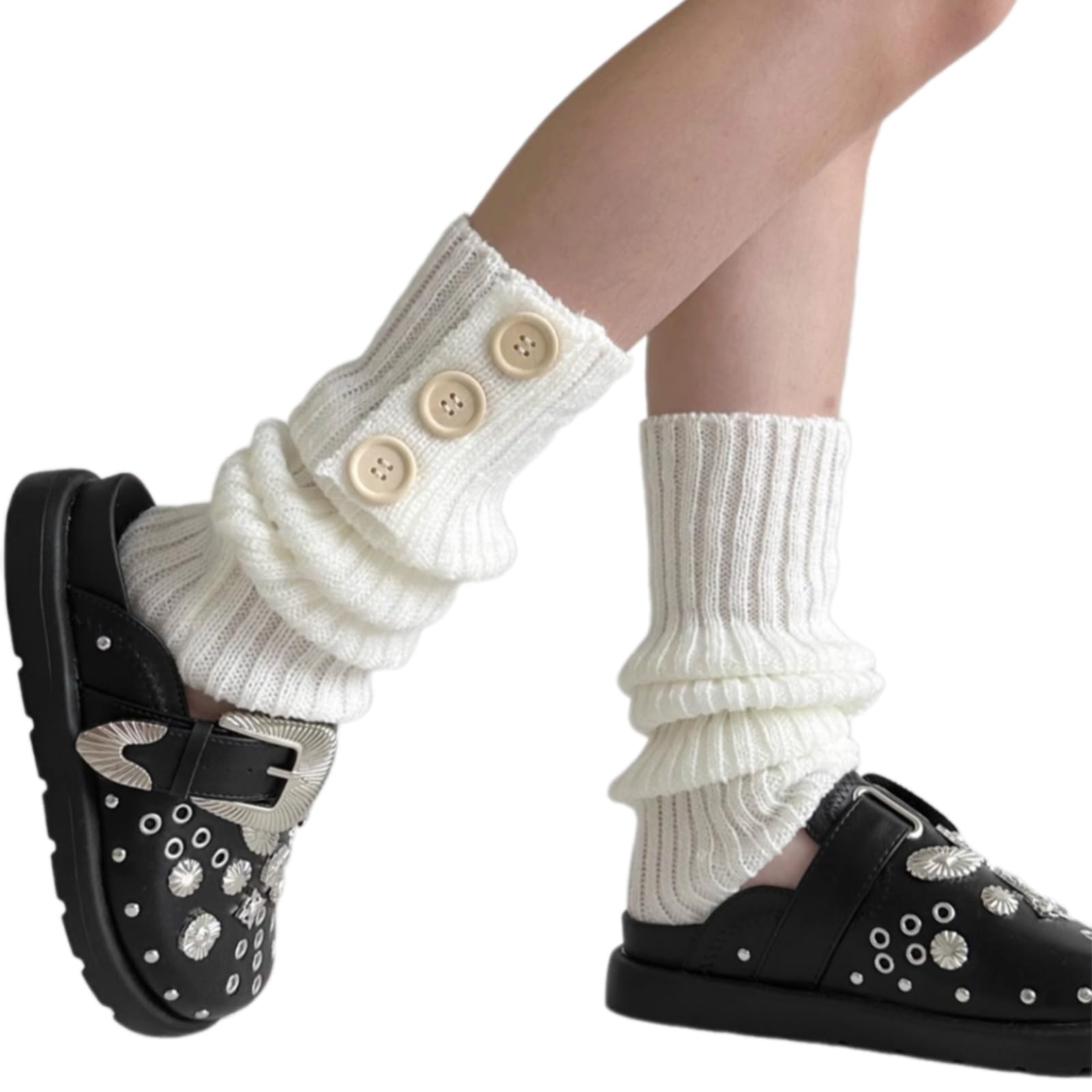 Gkyqve Unisex White Womens Lolitas Knit Long Socks Sweet Button Leg Warmers Subcultures Leg Sleeve Boot Socks Winter Warm Ankle Heap Socks Button Knitted Leg Warmers