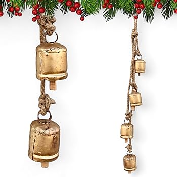 Set Of 5 Large XXL Farmhouse Bells - Vintage Style Harmony Shabby Chic Rustic Cow Bells For Christmas Decor - Gold On Rope - Decorative Hanging Ornaments