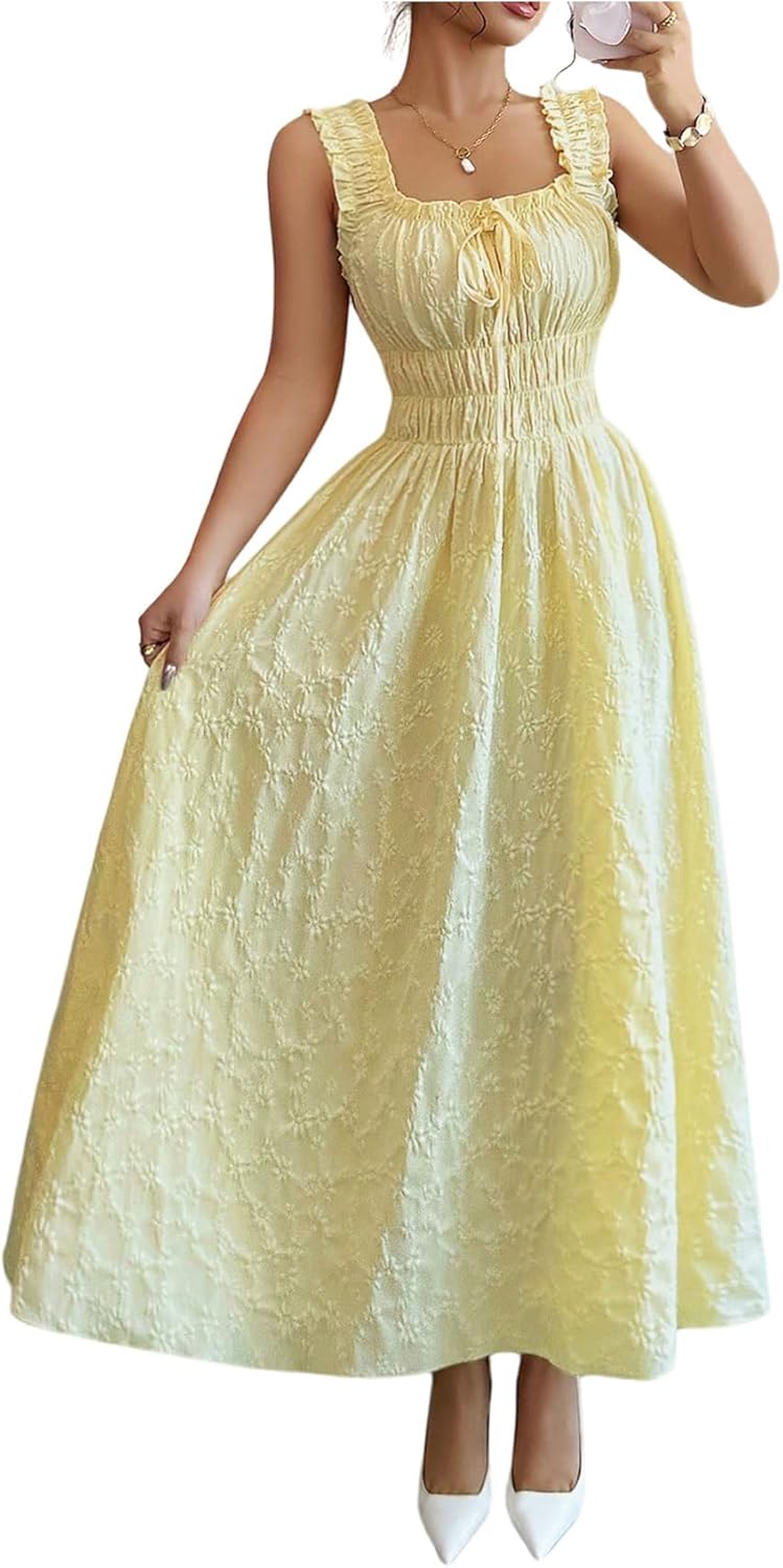 Women's Summer Tie Front Jacquard Maxi Dress Cute Square Neck Flowy Beach Sundress Wedding Guest Dresses