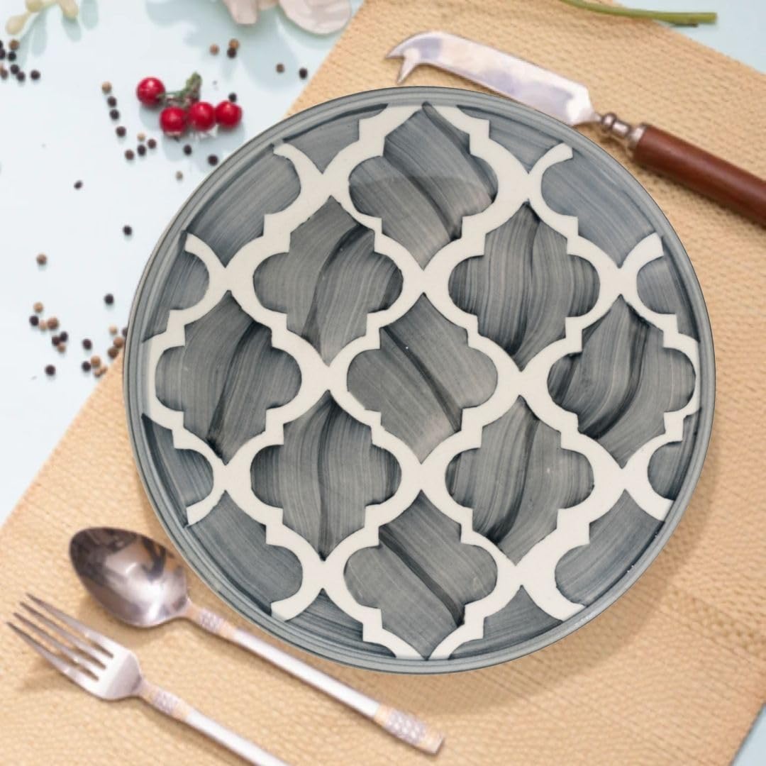 aDai Premium Moroccan Ceramic Quarter Side Plates for Snacks & Gifting, Microwave & Dishwasher Safe | Perfect for Pasta, Breakfast, Lunch, Dinner for Home, Kitchen or Café (Set of 1, 8.07 Inch, Grey) 1