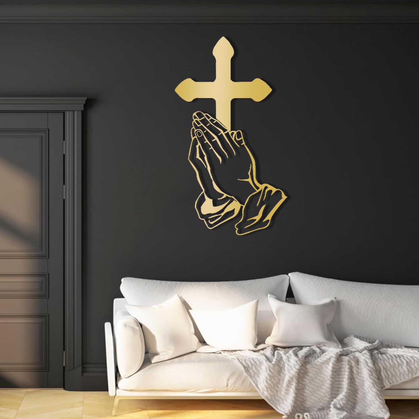 Nowoczesna minimalistyczna metalowa dekoracja ścienna - modlące się ręce, krzyż, Jezus modlący się o salon (150 x 85 cm, złoty)