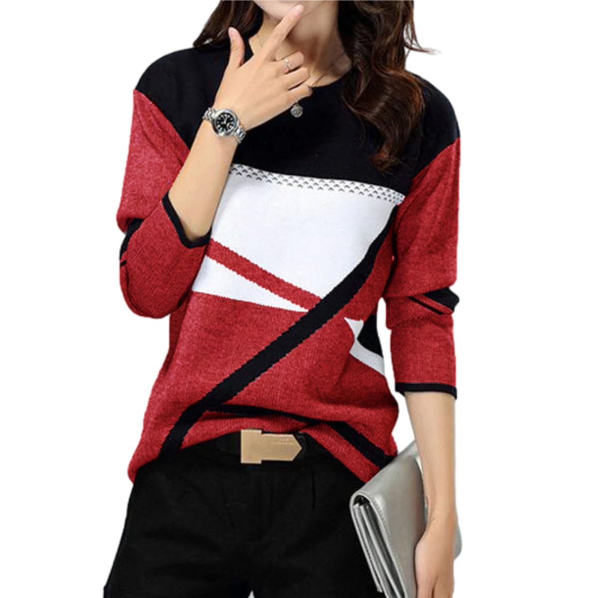 Womens Color Block Knit Sweaters Geometric Leopard and Plaid Pattern Pullovers for Fall and Winter