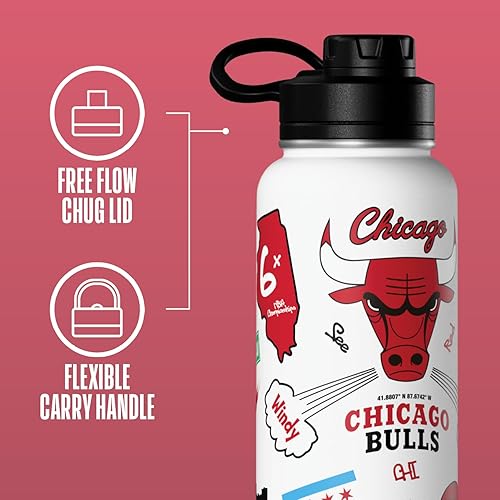 Miniatura 4 de Hydrapeak x Botella de agua con licencia oficial de la NBA Chicago Bulls de 32 onzas, tapa de acero inoxidable, reutilizable, doble pared para