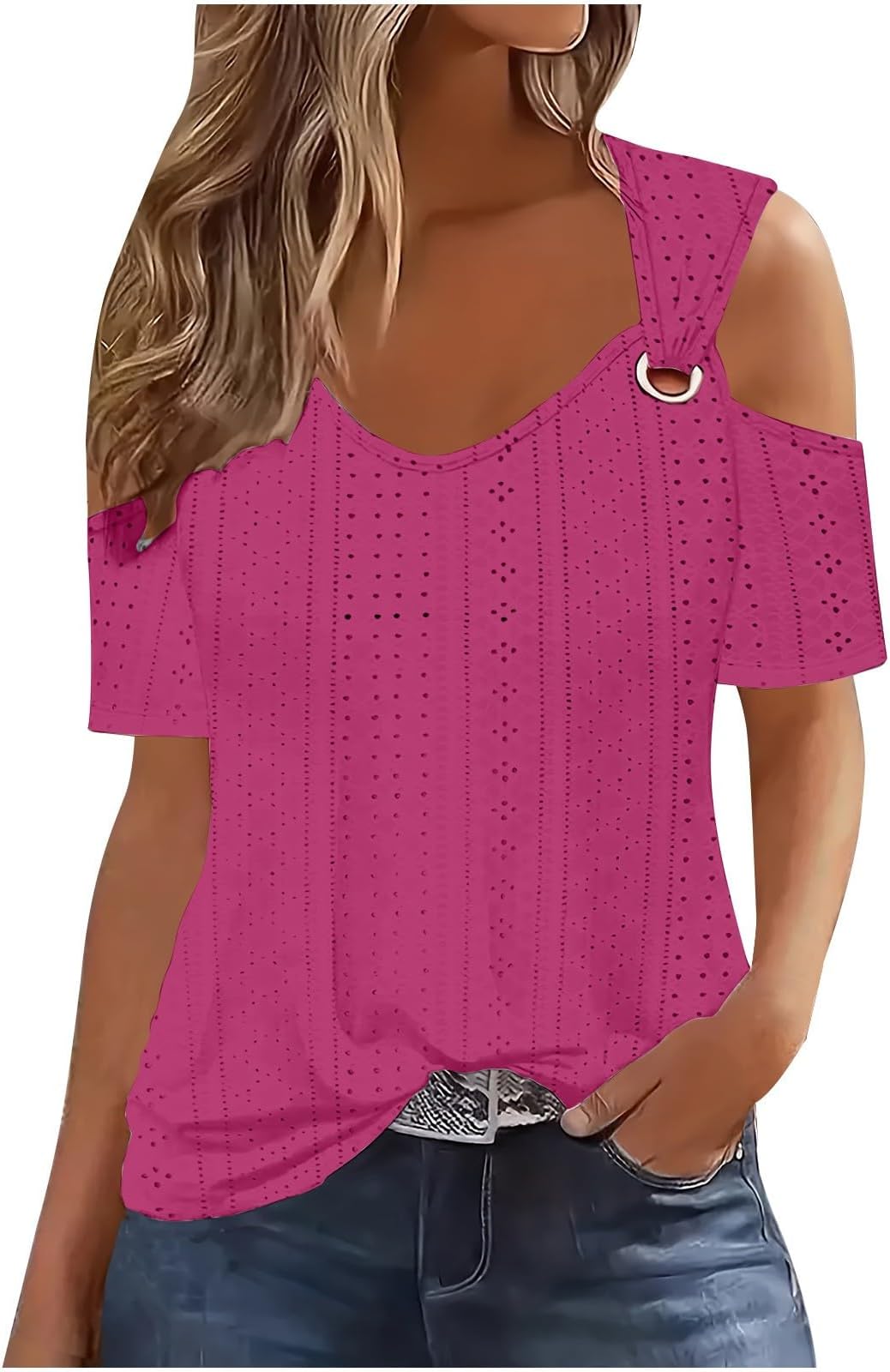 Women's Summer Blouses Cold Shoulder Short Sleeve Tops Loose Casual Tunic T-Shirts for Women UK Ladies Elegant Office Work Blouse V Neck Eyelets Tee Shirt Solid Color Loose Top