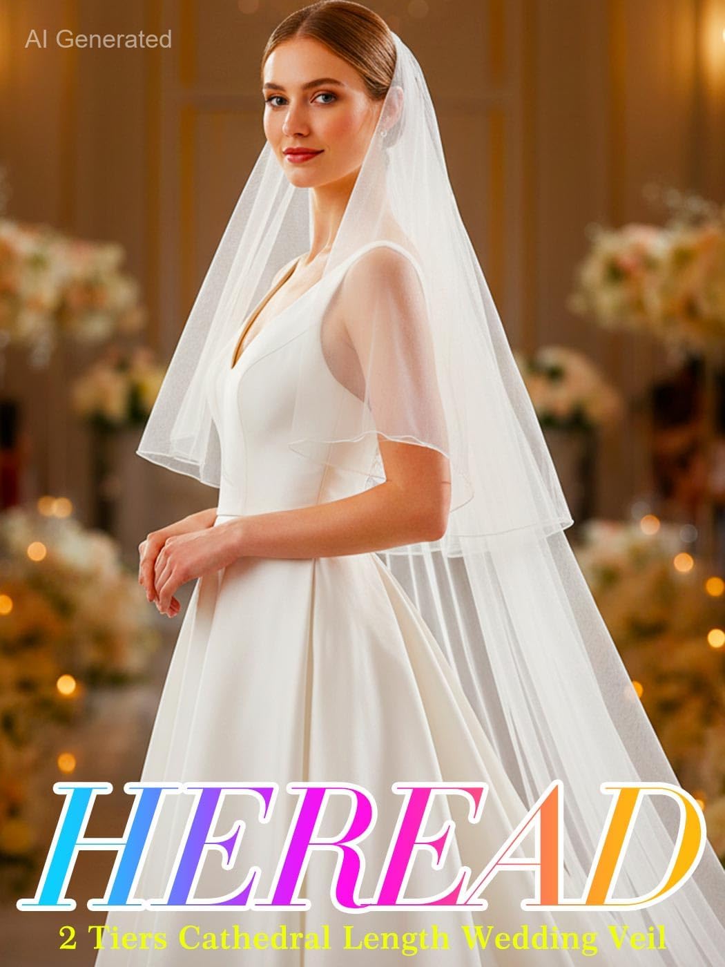 HEREAD 2 Tier Cathedral Bridal Veil Long Wedding Veils for Brides | Chapel Length Ivory and White Tulle Veils Hair Accessories with Comb and Pencil Edge for Women