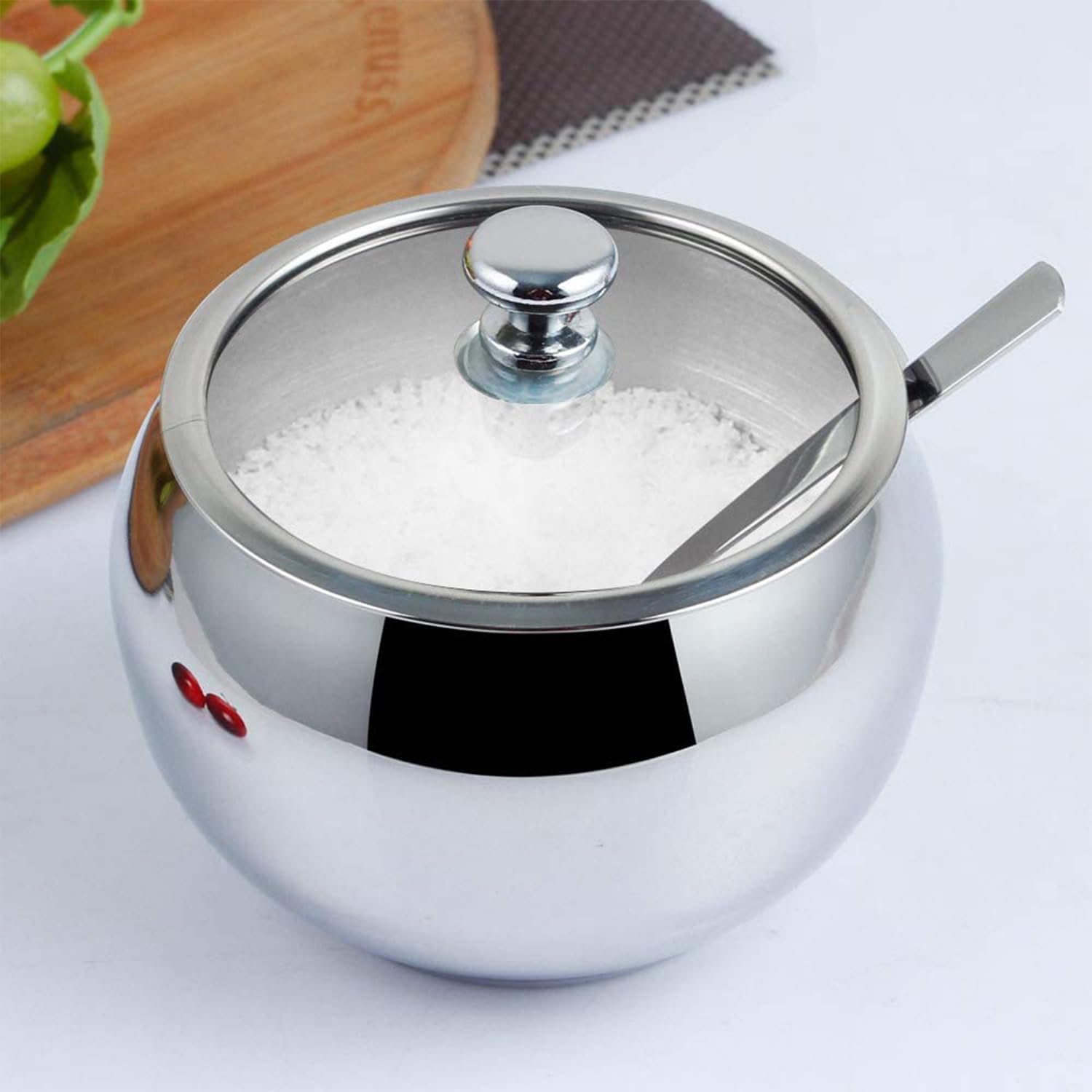 Stainless Steel Sugar Bowl with Lid and Spoon – Polished Condiment Pot for Sugar, Pepper, Salt, Spice, 330ml / 11.6 Oz image 3