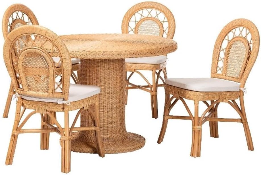 Pemberly Row 5-Piece Rattan Dining Set, Round Braided Table with 4 Openwork Chairs, Mahogany and Natural Rattan, Removable Cushions, Coastal Style, 42 in Table for Dining Room