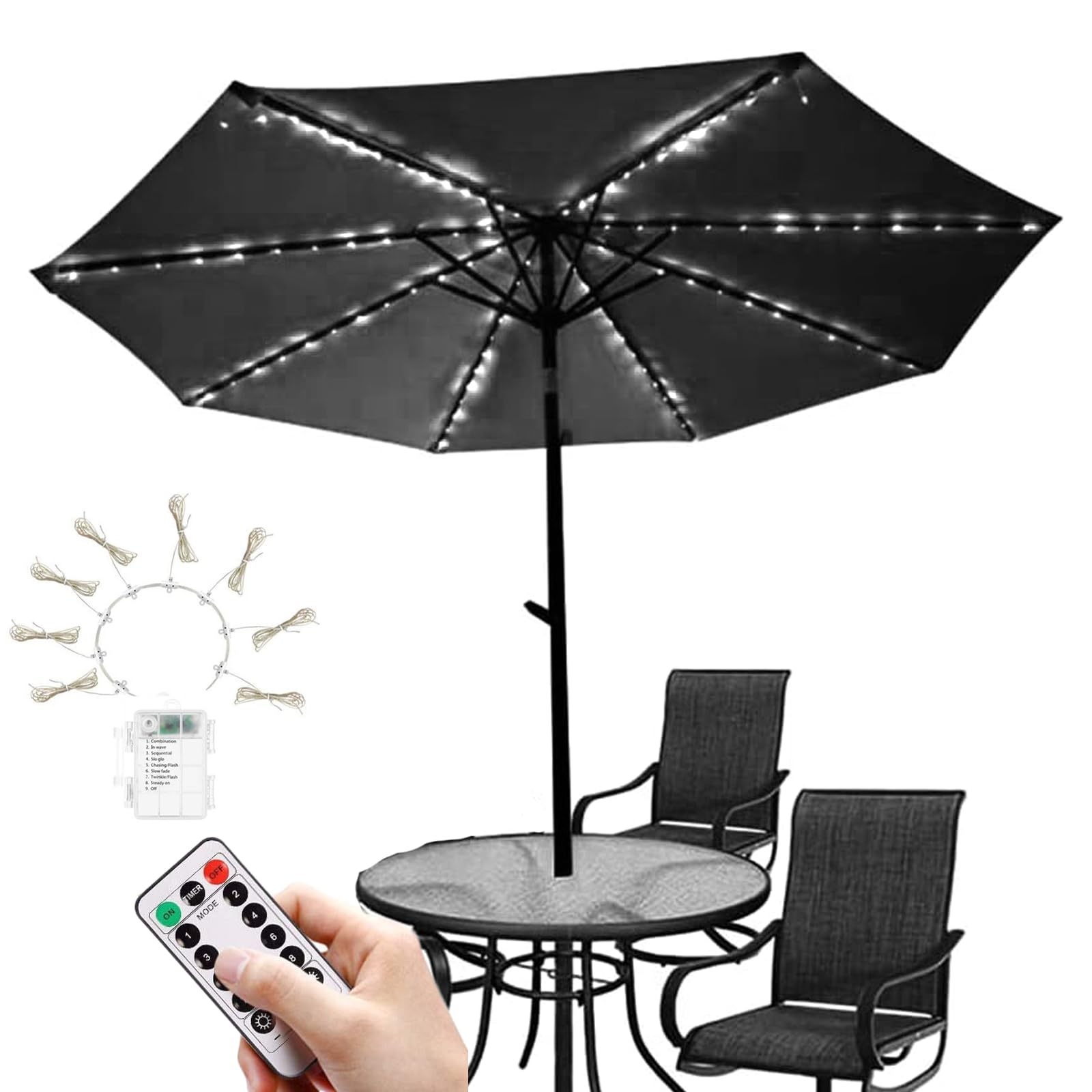 KINGCOO - Striscia di luci per ombrellone da patio, impermeabile, 104 LED, telecomando, 8 modalità, funzionamento a batteria, luci decorative per esterni, patio, ombrelloni e tende da campeggio