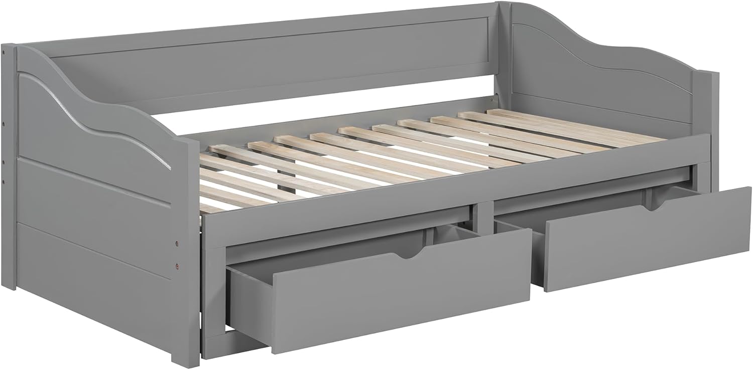 Polibi Extendable Daybed, Wooden Daybed with Trundle and Two Drawers, Convertible Sofa Bed with 2 Storage Drawers, Can be Expanded from Twin Size to King Size (Grey)