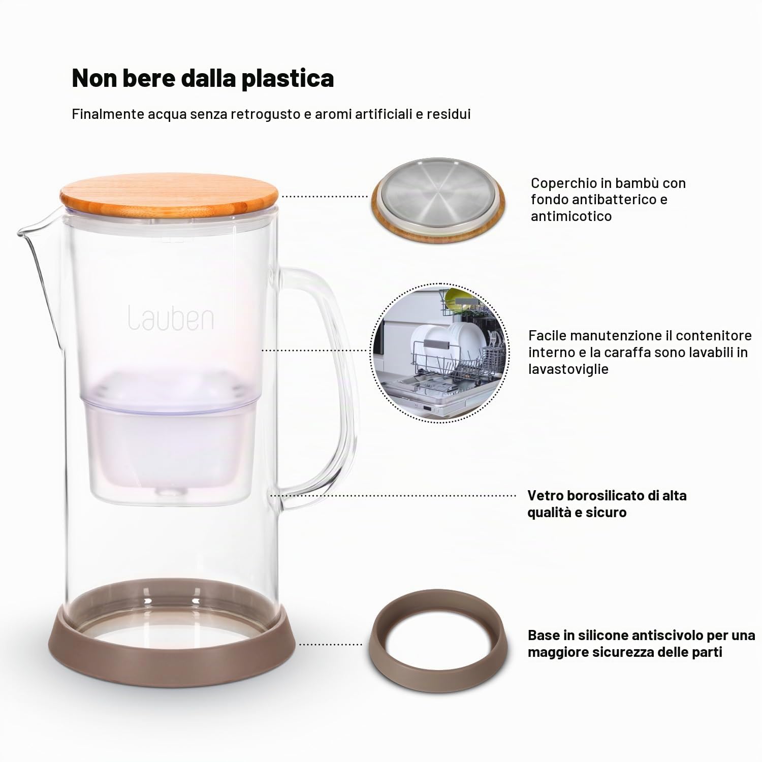 Lauben 32GW - Filtro d'acqua in vetro, capacità 3,2 l, vetro borosilicato, cartuccia inclusa, coperchio antibatterico in bambù, nessun retrogusto in plastica