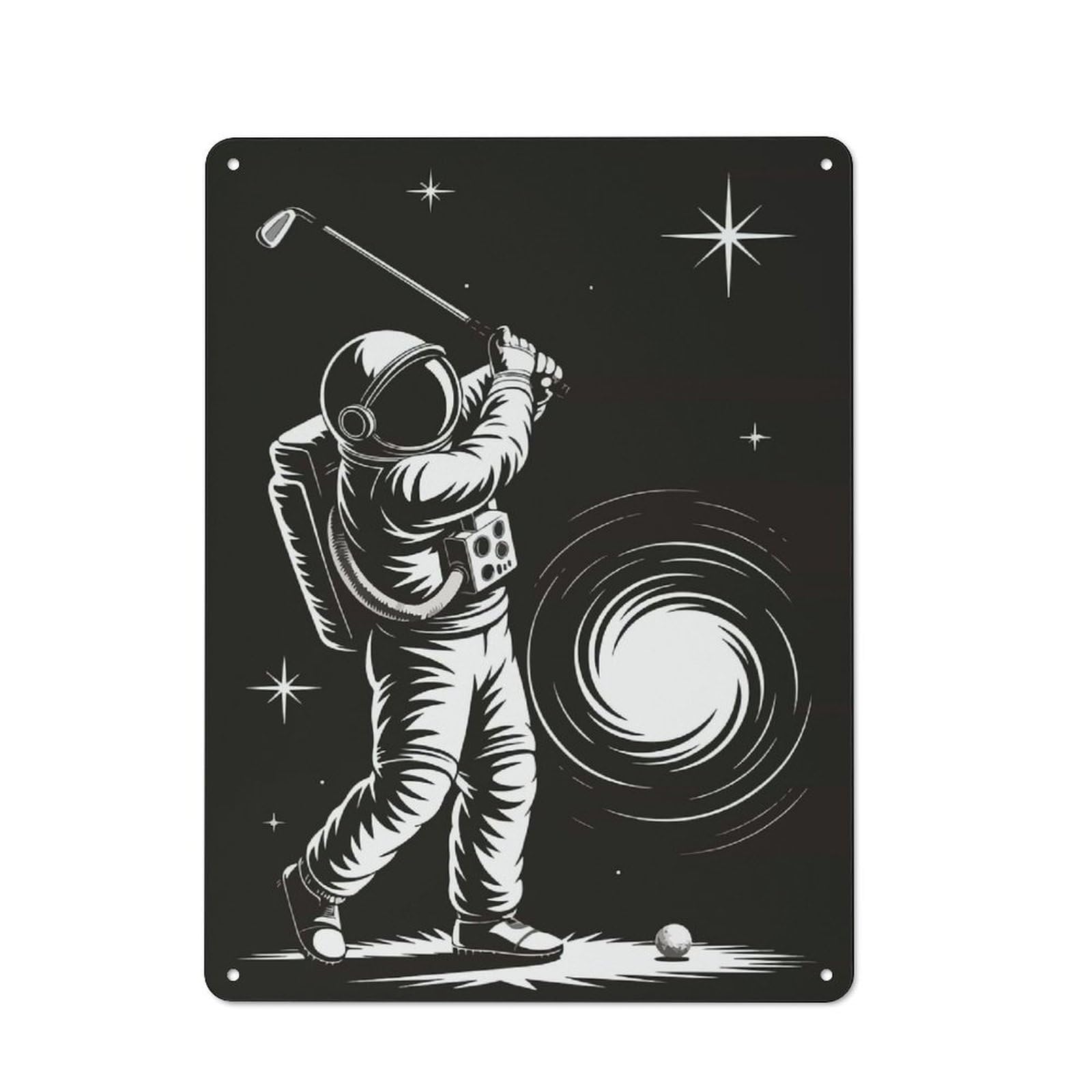 Rustic Tin Sign with Astronaut Golfing in Space Illustration Design 40x30cm, Casual Garden Room Wall Plaque for Shed, Garden Room, Porch Or Garage