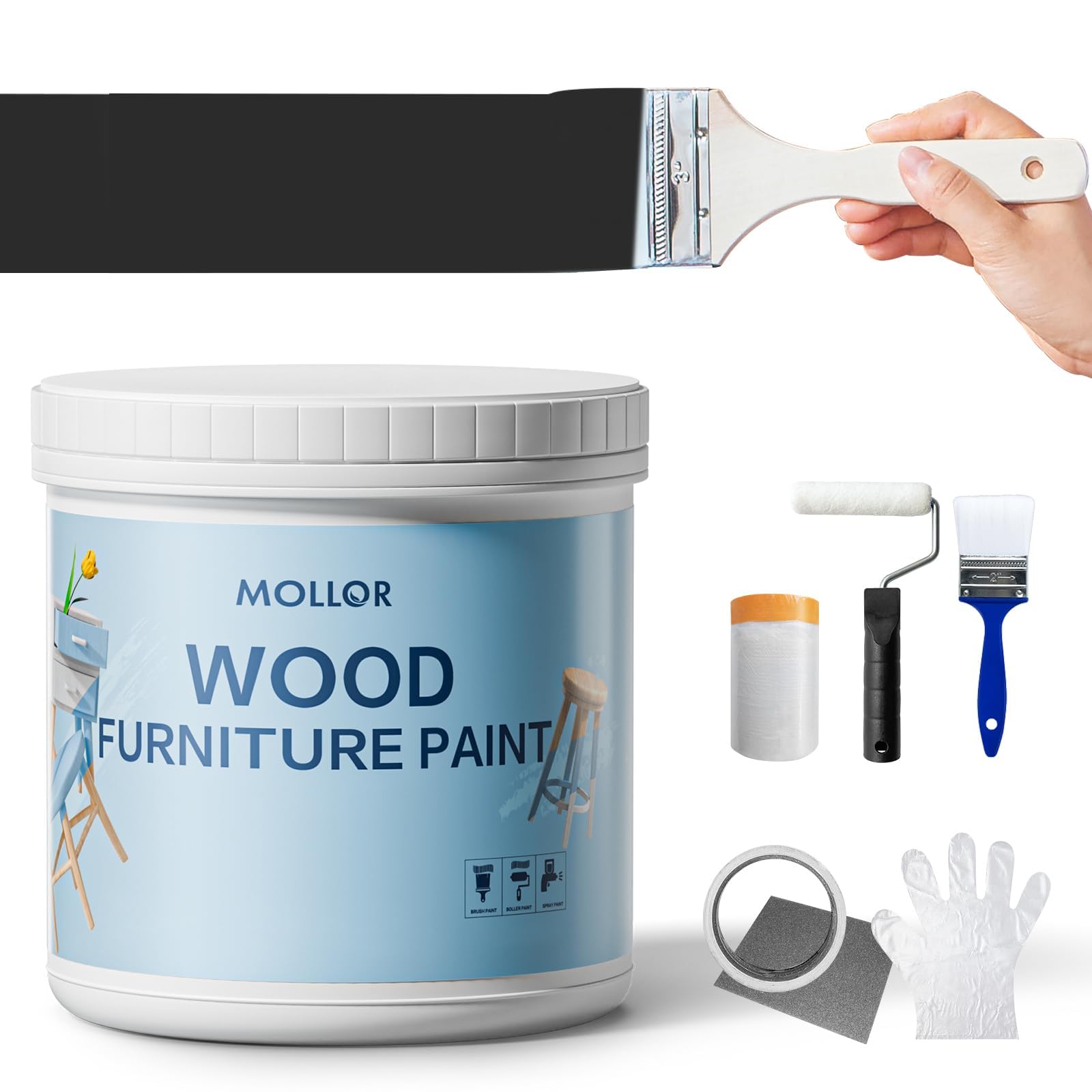 Mollor Matte Wood Furniture Paint in Black with tools