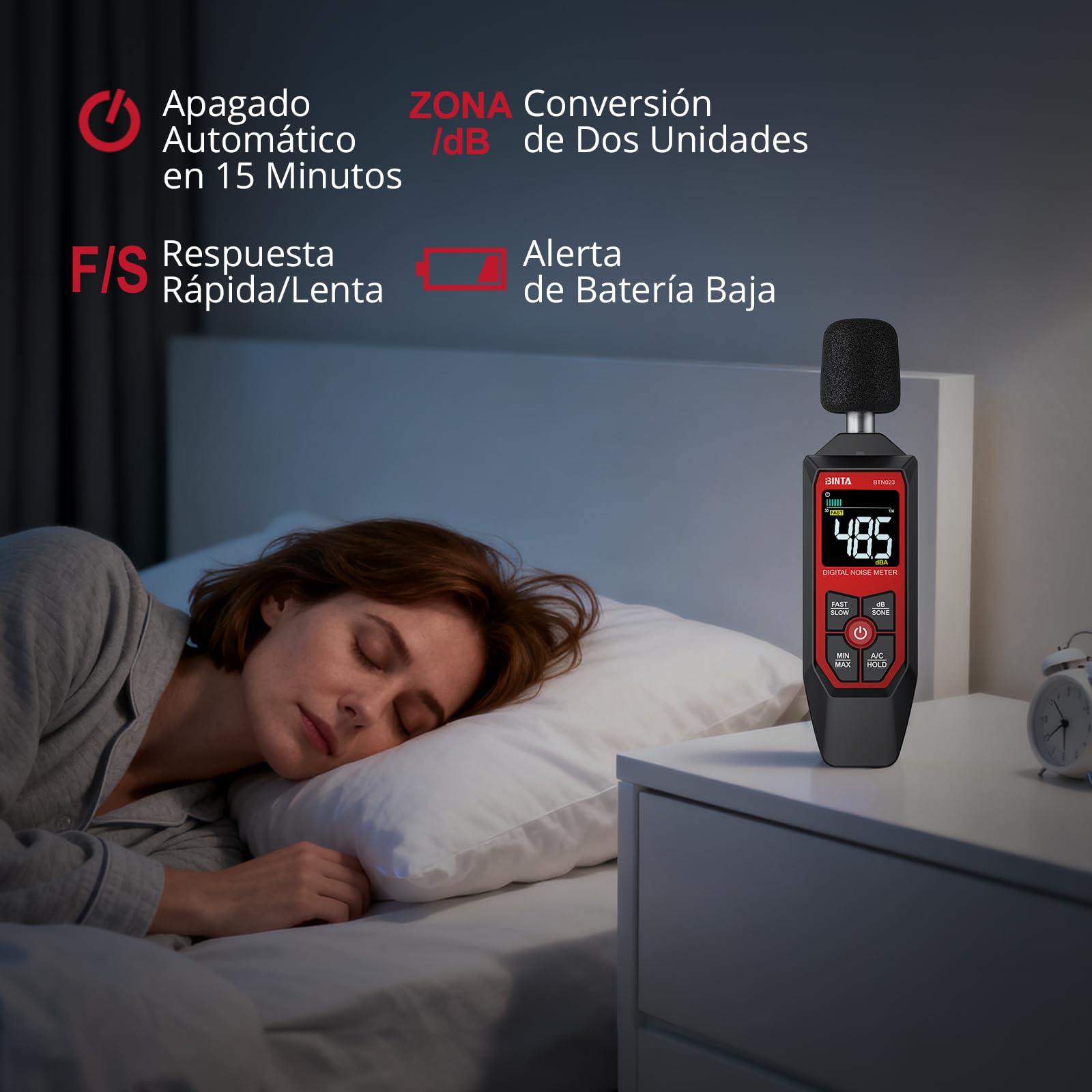BINTA Medidor Decibelios Decibelímetro Sonómetro Medidor Digital de Nivel de Sonido con A/C Ponderación, Rango 30-130dB,Max/Min, Unidad dB/SONE, Retención de Datos para Casa Oficina Fábrica Vecino