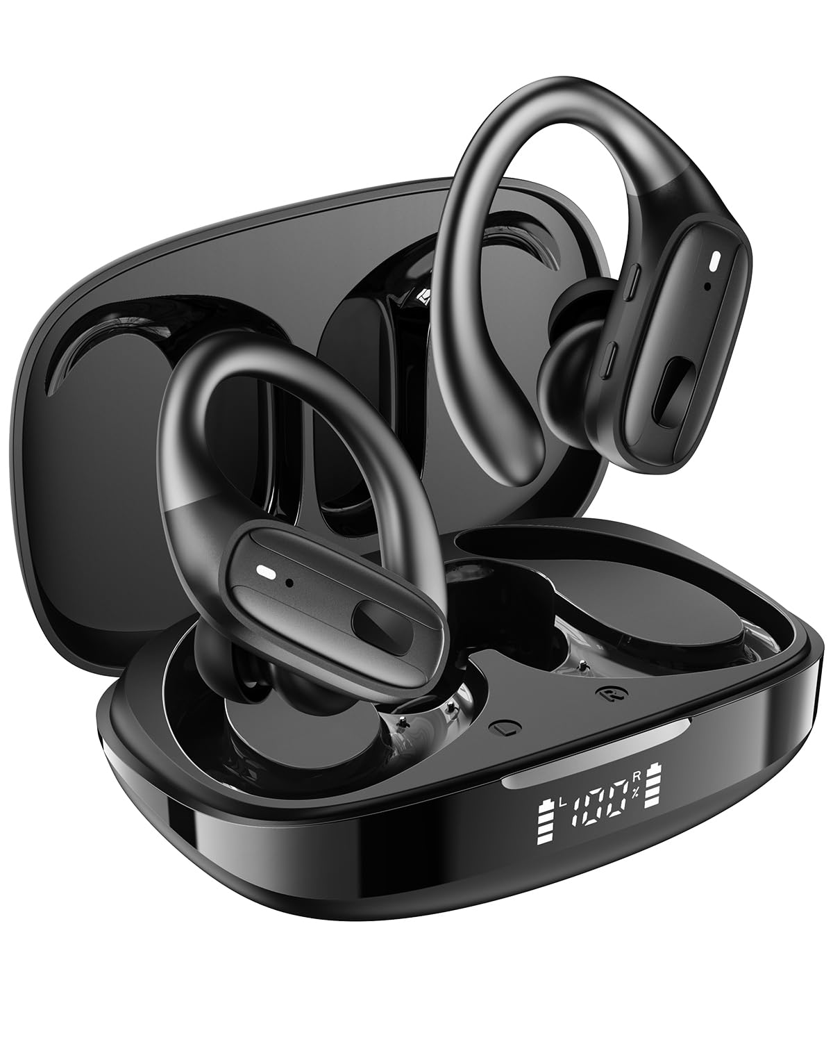 LEEMC Wireless Earbuds, Bluetooth Headphones 5.4, 80Hr Playtime Ear Buds with Hooks for Sports, Noise Canceling, LED Display, IPX7 Waterproof Earphones for Workout Running, Onyx