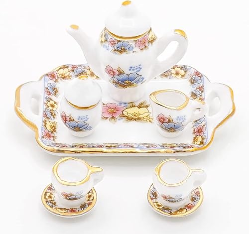 Miniatura 2 de Odoria Juego de té de porcelana en miniatura 1/12, 8 piezas, accesorios de decoración de casa de muñecas