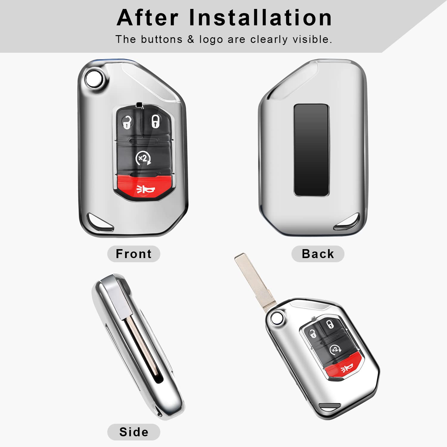 QBUC for Jeep Key Fob Cover with Keychain Flip Key Case for 2022 2021 2020 2019 2018 Jeep Wrangler Gladiator JL JLU Rubicon JT (Silver)