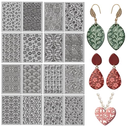 Image of 16 Pcs Complex Flowers Pattern Polymer Clay Texture Sheet Regular Patterns of Flowers Rubber Clay Texture Mat for Polymer Clays Making Earrings Jewelry DIY Crafts 4 x 2.5 Inch