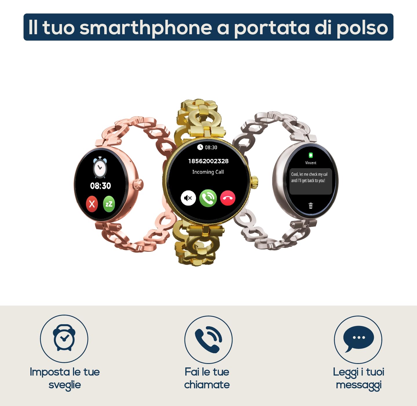 TECHMADE Smartwatch Niah Lyra per donne, orologio digitale gioiello, schermo AMOLED, chiamate, notifiche, funzione SOS, sport, cardiofequenzimetro, Spo2, BP, comp con IOS e android (GOLD)