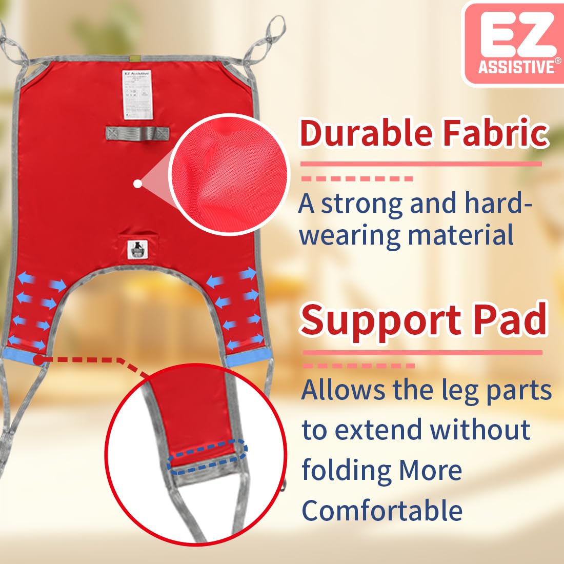 EZ Assistive Eslinga de pierna dividida para levantamiento de pacientes con espalda baja, correa de elevación para transferencia, posicionamiento y elevación, capacidad de peso de 500 libras (S-rojo)