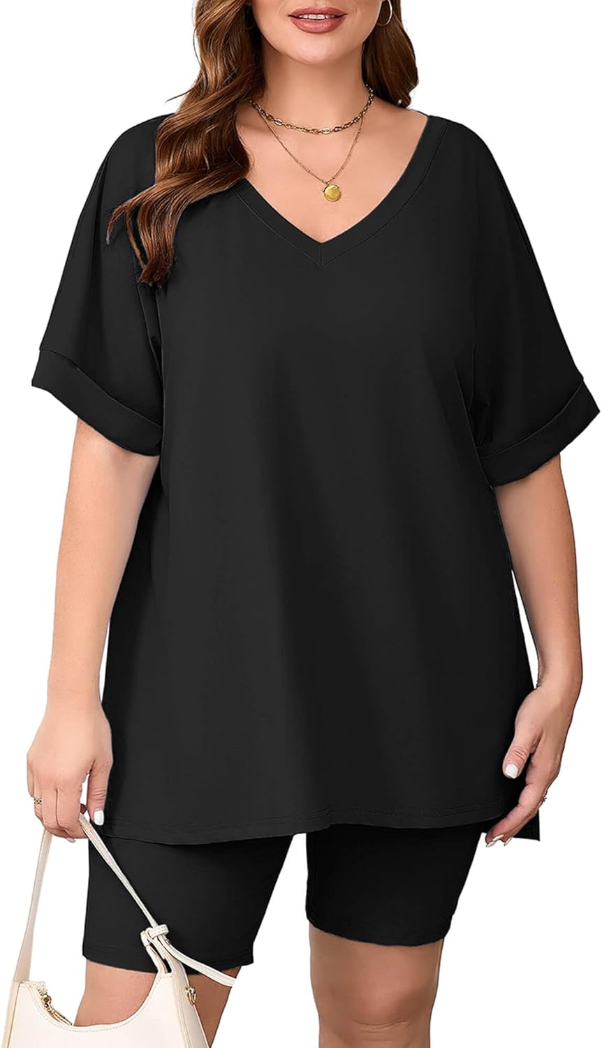 AusLook Women's Plus Size 2 Piece Short Outfits Set Short Sleeve Tops and Shorts Pants Sleepwear Lounge Pajamas Matching Set